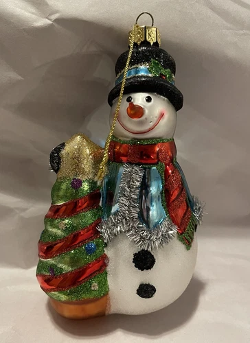 Molded Glass Christmas Ornament Snowman with Glitter 5.5” Tall