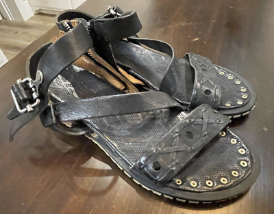 AS 98 Black Silver Sandals Flats Size  36 (6) with Studs Buckles Zipper Accents