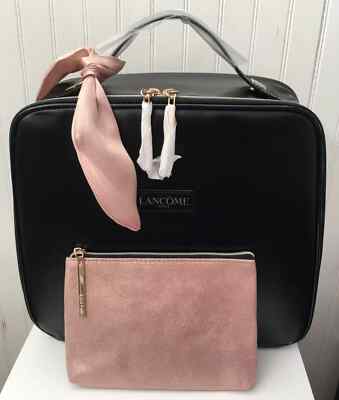 2 Pieces Lancome Paris Large Black Square Cosmetic Makeup Travel Bag TRAIN CASE