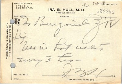 Dr Ira B Hull Prescription Script 1918 Presque Isle Maine Apothecary