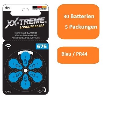 30 Stück XX-TREME Longlife Extra Hörgerätebatterien  Typ 675 PR44 Blau NEU