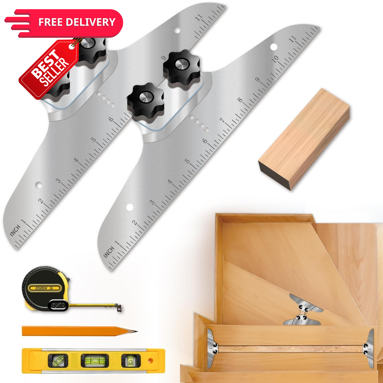 NAACOO Stair Tread Template Tool, with Level&Tape Measure&Carpenter Sliver