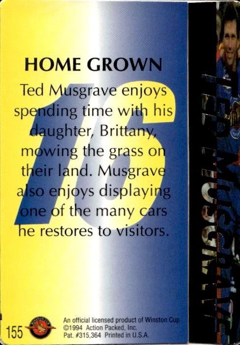 Ted Musgrave 1994 Action Packed #155 Roush Racing - Image 2 of 2