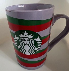 STARBUCKS Christmas Striped Mug 11oz Tall Lavender Red Green Used