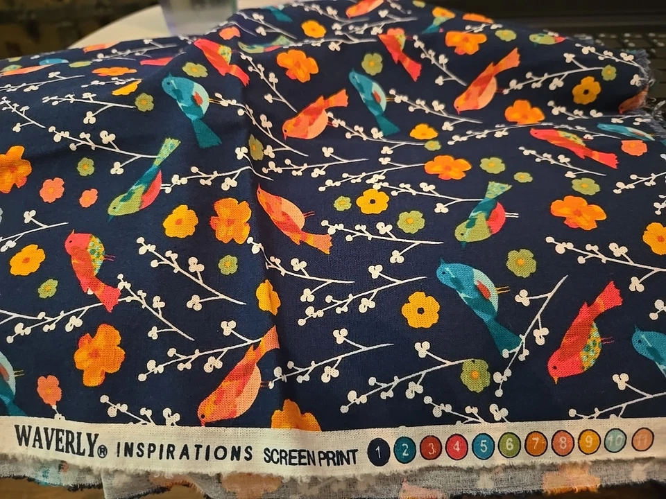 Waverly Inspirations Fabric 44”x 16" Cotton Remnant Blue With Multicolored Birds - Image 4 of 4