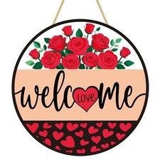 Valentines Day Decorations - Wreath Welcome Sign for Front Door  Rustic Red