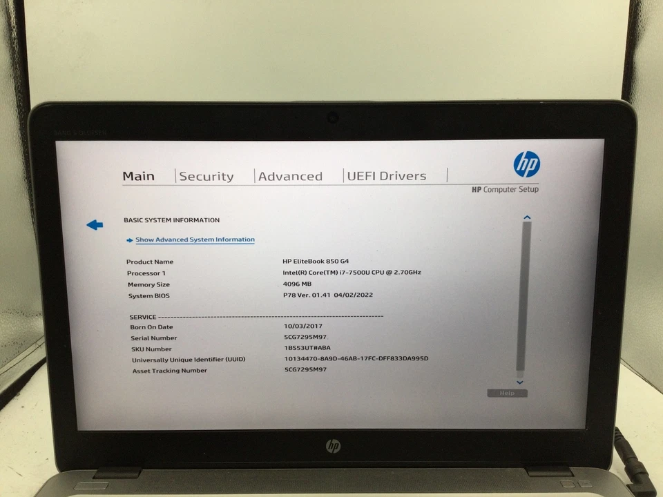 HP ELITEBOOK 850 G4 - BOOTS TO BIOS - INTEL I7 7500 - NO RAM - READ DESCRIP - BB - Image 2 of 4