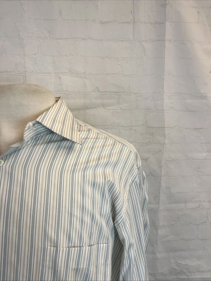 Camisa de vestir Ermenegildo Zegna de algodón a rayas blanca marrón y azul para hombre 17-44 $295 Foto 2 de 4