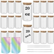 Sublimation Glass Can Cups With Bamboo Lids and Straws,16oz Beer Container Bl...
