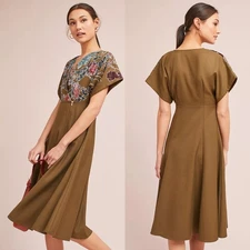 Hemant & Nandita Olive Floral Velvet Appliqué Midi Dress Size 0 Boho Elegant