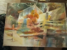 Original Watercolors By Peg Humphreys, Abstract Farm/Ranch Scene 31" x 23"