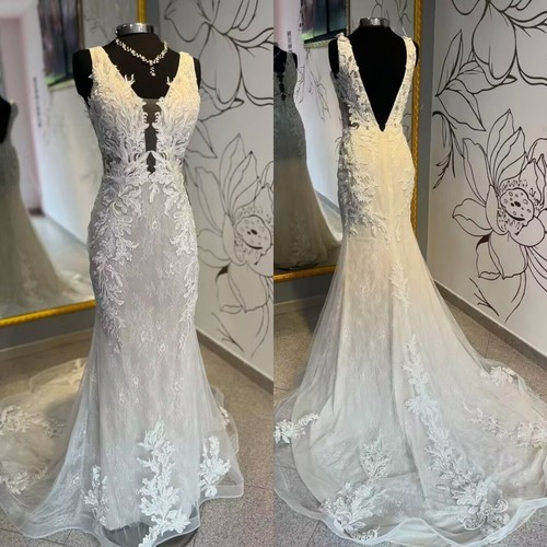 Mermaid Wedding Dresses Deep V Neck Backless Sexy Sleeveless Lace Bridal Gowns - Picture 1 of 10