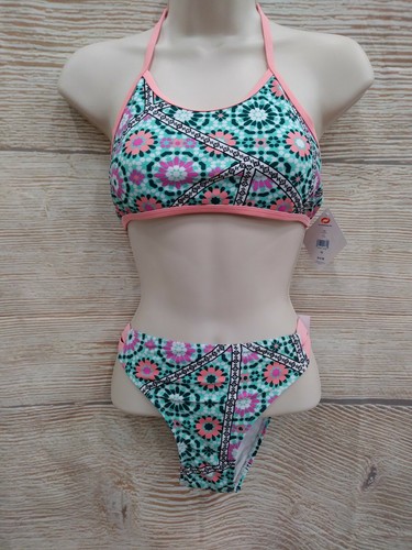 New! GIRLS 16 O'RAGEOUS 2 Piece Swim Suit Halter Bikini TRIBAL Print Coral Aqua