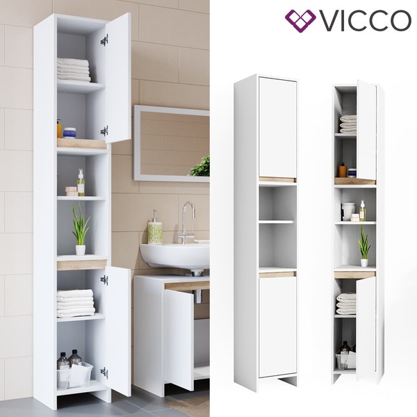 Badschrank Badezimmerschrank Hochschrank Badregal Emma Weiß Sonoma Eiche Vicco-image