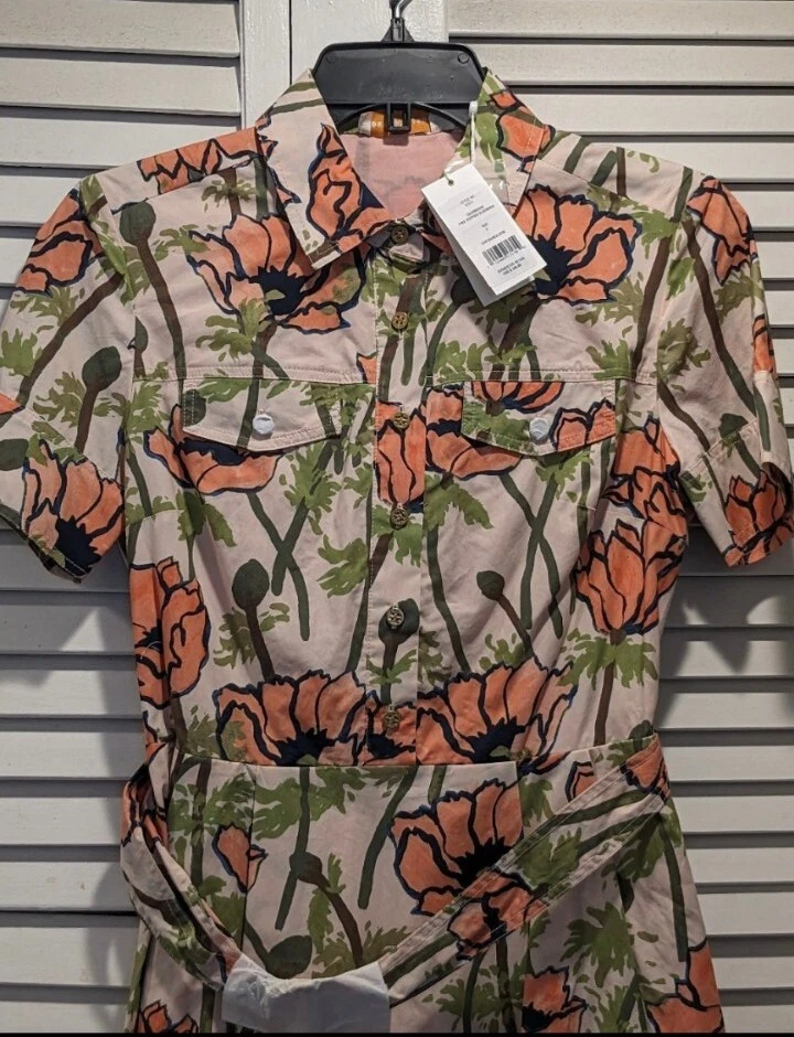 Abito a camicia poplin Tory Burch abito abito camicia rosa papaveri fioritura