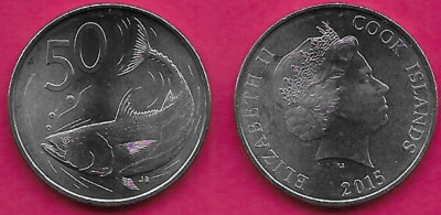 COOK ISLANDS 50 CENTS  2015 UNC 1 YEAR TYPE,ALBACORA TUNA,TERN BIRD,ELIZABETH II