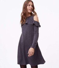 LOFT GRAY RUFFLED COLD SHOULDER 3/4 SLEEVES SWING TRAPEZE DRESS SIZE: M NWT