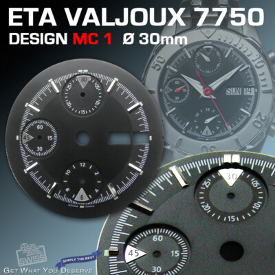 DIAL FOR MOVEMENT ETA VALJOUX 7750, MC 1, 3-D, BLACK, SUPER LUM. Ø