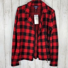 Chaps Red Black Plaid Knit Sweater Jacket Moto Side Zip Women’s Sz S Nwt $99