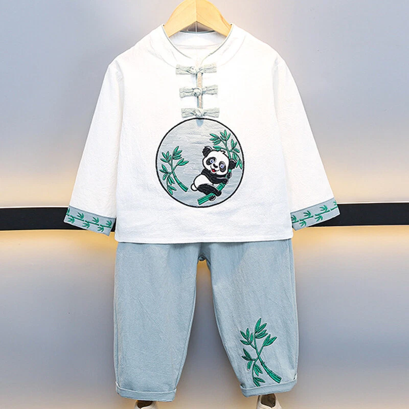 Abiti Retro Cinesi Hanfu Tang Ricamati Per Bambini Con Panda Di Bambù - Immagine 4 di 4