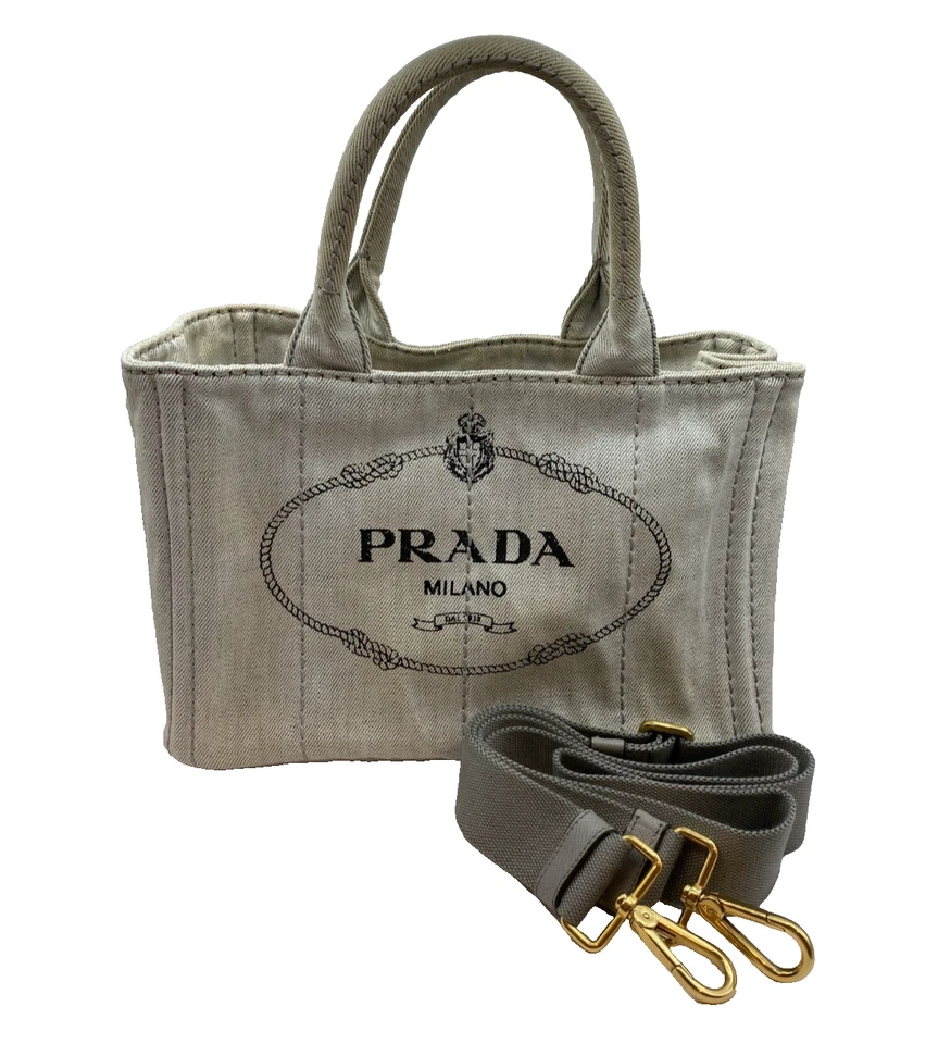 PRADA Canapa Tote Bag Denim White Canvas Logo Handbag with Strap from Japan - Image 2 of 4