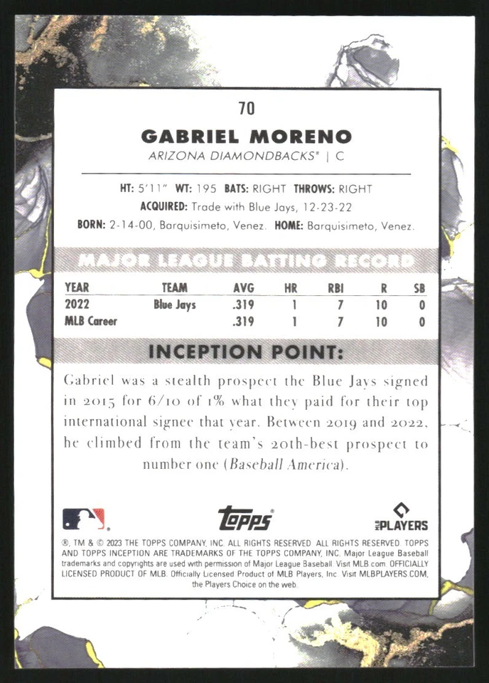 B5301- 2023 Topps Inception Green #70 Gabriel Moreno - NM-MT ( ROOKIE CARD) - Image 2 of 2