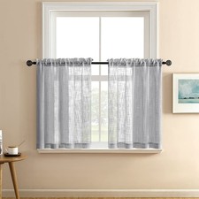 Grey Kitchen Curtains Semi Sheer Privacy Linen Textured Rod Pocket Short Tier...