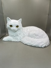 "Estatua de gato persa blanco Homco firmada de colección estatuilla de resina ojos amarillos 6,5x12"""