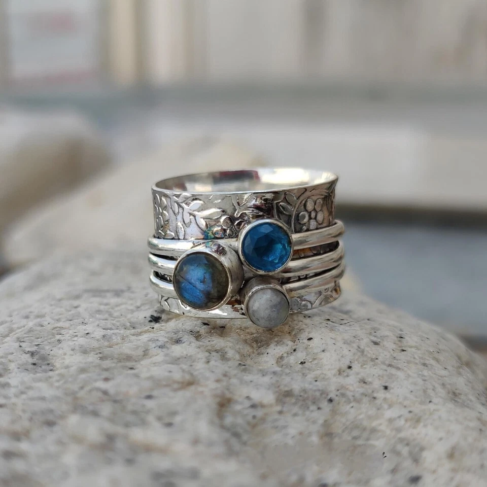 Anello rotante pietra di luna apatite labradorite argento sterling 925... - Immagine 2 di 4