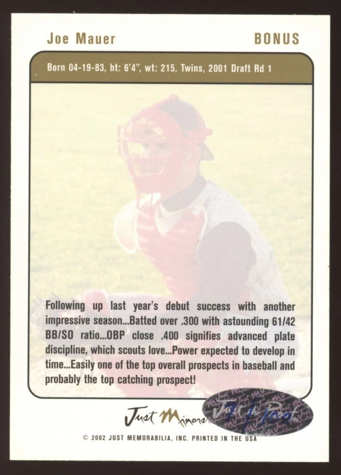 2002 Just Minors Joe Mauer Black auto autograph #007/100 Jersey Number Match - Image 2 of 2