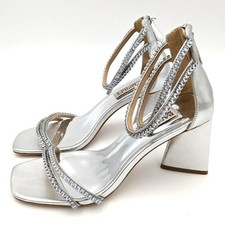 Badgley Mischka Lillie Women's Crystal Dual-Strapped Block Heels Sliver Size 7