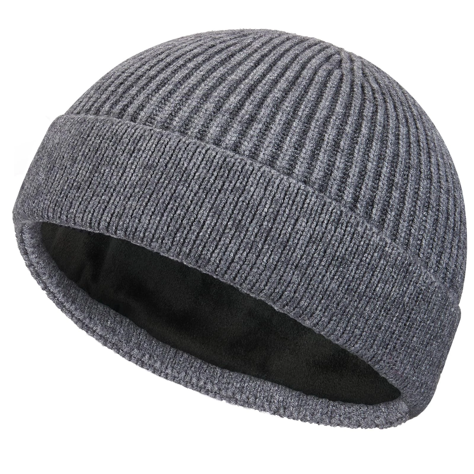 Wool Fisherman Beanie for Men and Women, Warm Fleece Lined Winter Hat Gray
