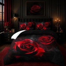 Nttopship Red Rose Comforter Set Full,Red Roses Bedding Set 3 Piece Bed In