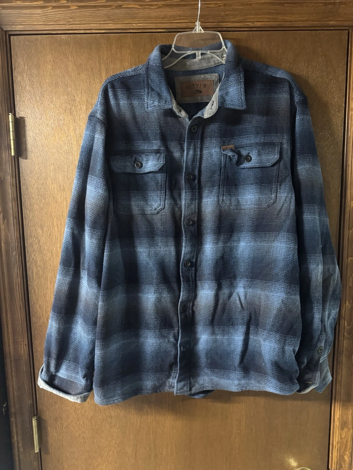 Orvis Flannel Shirt Men XXL Blue Black Long Sleeve Button Thick Shacket Pocket