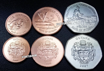 Guyana UNC, 5 (X) 3 PCS Coin Set, 1 5 10 Dollars 2007 2008 (15