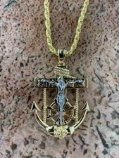 Men's 14k Gold Plated Solid 925 Silver Jesus Crucifix & Anchor Piece Rope Chain