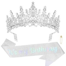 Silver Birthday Crown for Women Birthday Headband It's My Birthday Sash Birth...