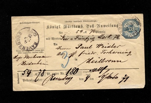 Württ. 1894 - postal order 20 Pf. " Ravensburg " (#7521)