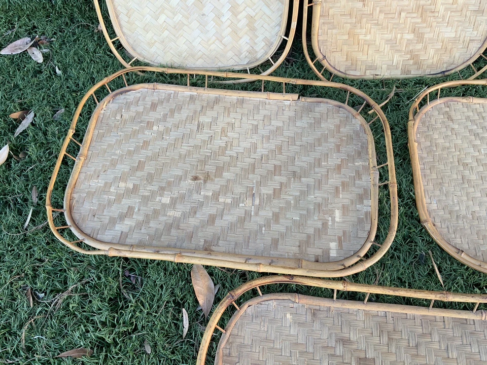 6 Vintage Woven Wicker Retro Rattan Boho Bamboo Food Serving Lap TV Trays - Image 3 of 4