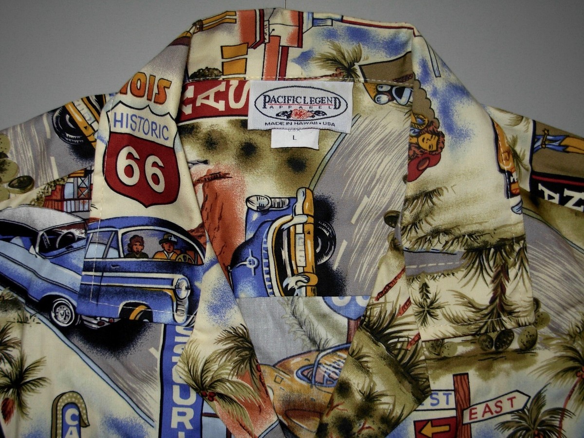 Pacific Legend Men's Route 66 Hawaiian Shirt – Classic Cars Print, Coconut Buttons, Made In USA