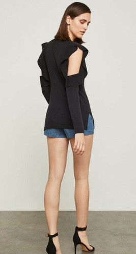 NWT BCBG Max Azria Emile Cold Shoulder Pullover Sweater Black Ruffle XS - Picture 6 of 12