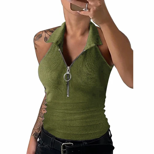 Women Summer Zipper V Neck Cami Vest Ladies Summer Blouse Tank Top T Shirt  - Imagen 12 de 19