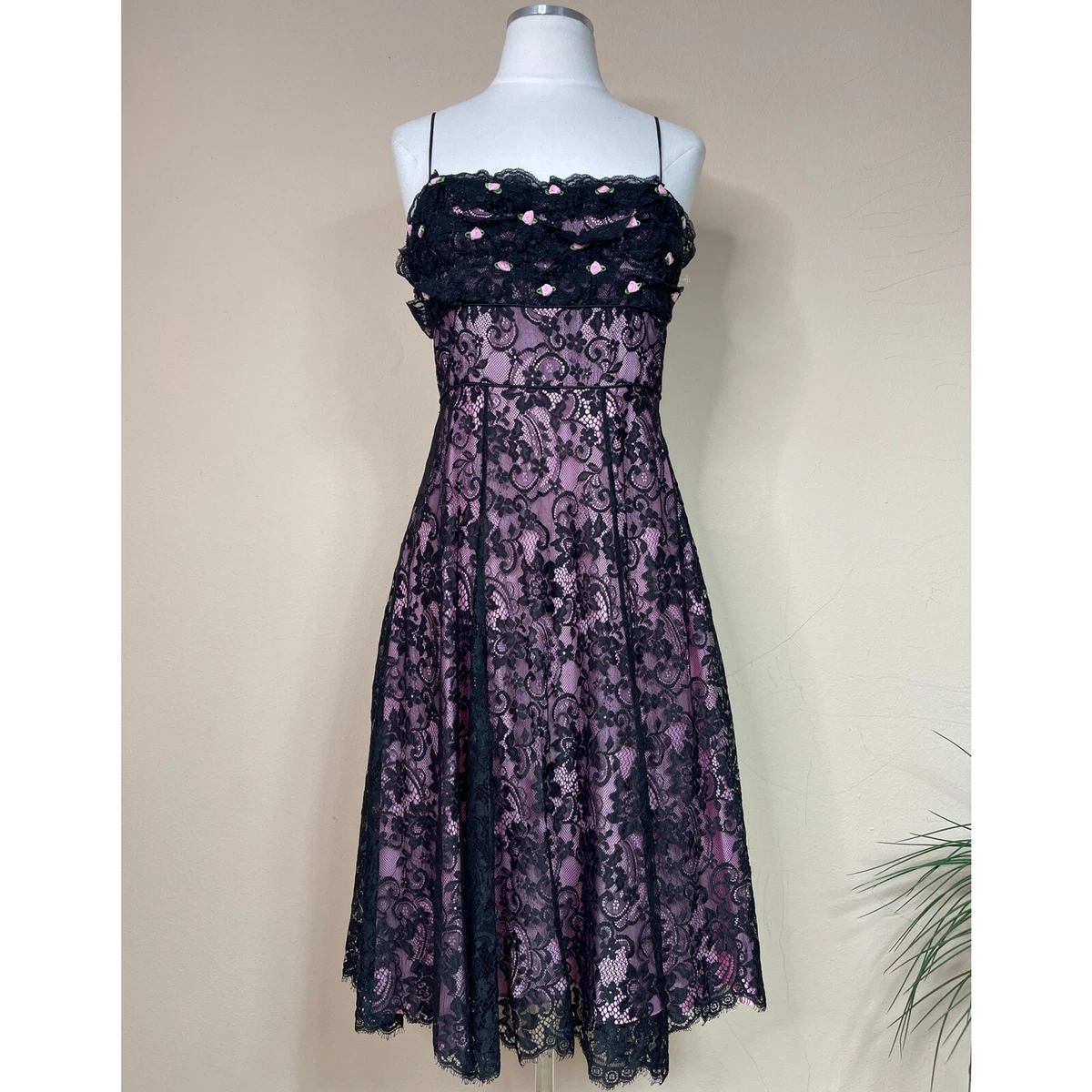 Betsey Johnson Dress Vintage Medium Black Pink Lace Strappy Romantic Dress