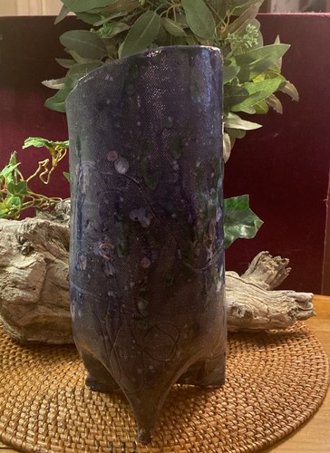 ART STUDIO Pottery 12" Textured VASE Blue Glaze STONEWARE Freeform Slab - Picture 2 of 15