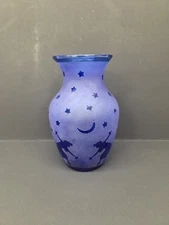 Hand Blown Signed Etched Blue Glass 5.5" Vase Hawaii Hula Dancers Moon Palm Tree