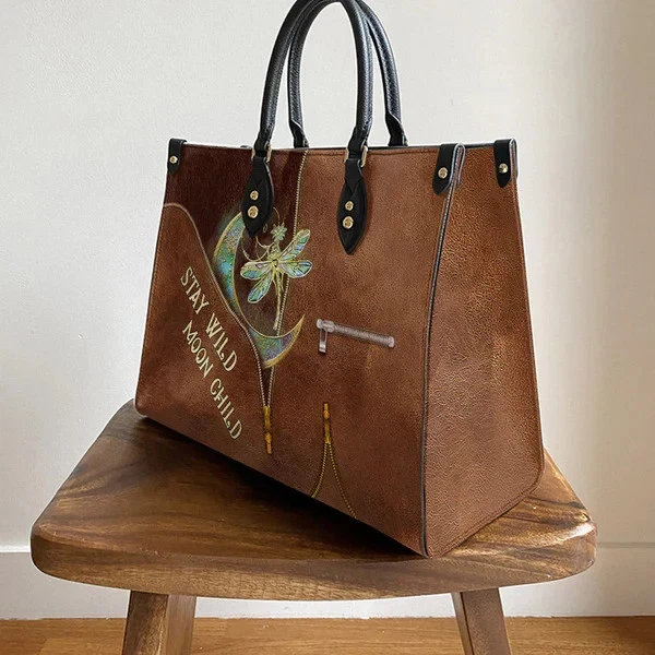 Personalized Dragonfly Moon Leather Handbag, Hippie Dragonfly Leather Handbag