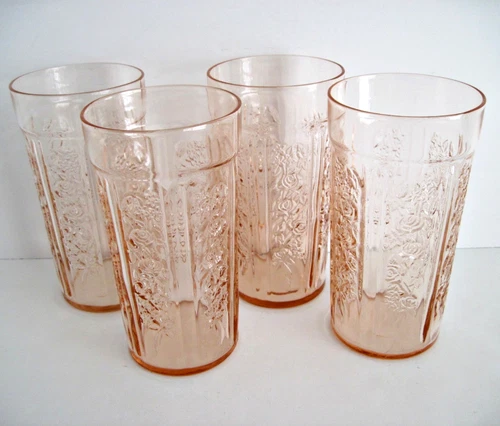 4 Federal Pink Sharon Cabbage Rose 12 oz Flat Tumblers Depression Glass 5 1/4"