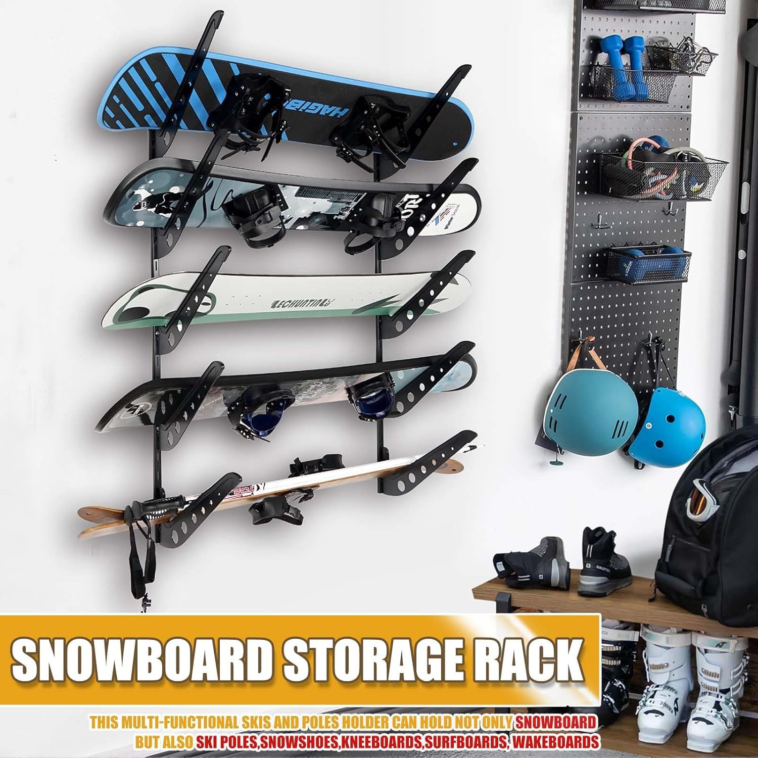 Adjustable Snowboard Wall Rack for Ski, Surfboard & Wakeboard - White/Black