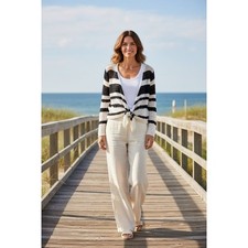 Westport 1962 Women's Open-Knit Striped Cardigan Sweater Black Sz L coastal vibe