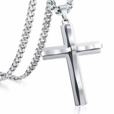 Stainless Steel Cross Necklace Pendant Curb Chain Silver 22 Inch Men Unisex Xmas